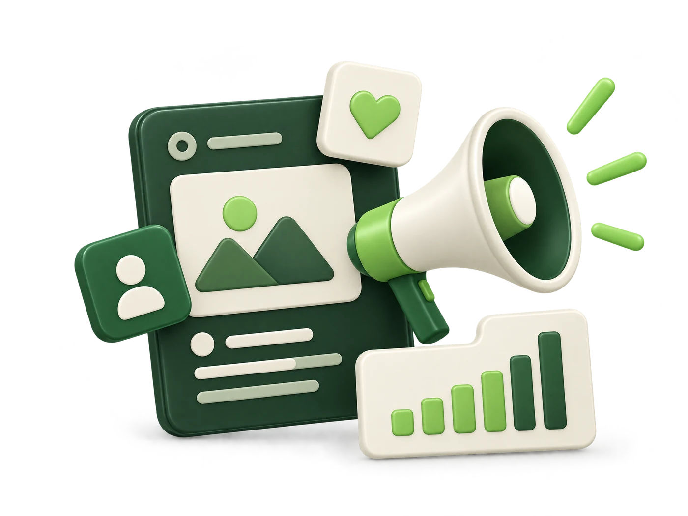 3D social campaign, megaphone and analytics illustration